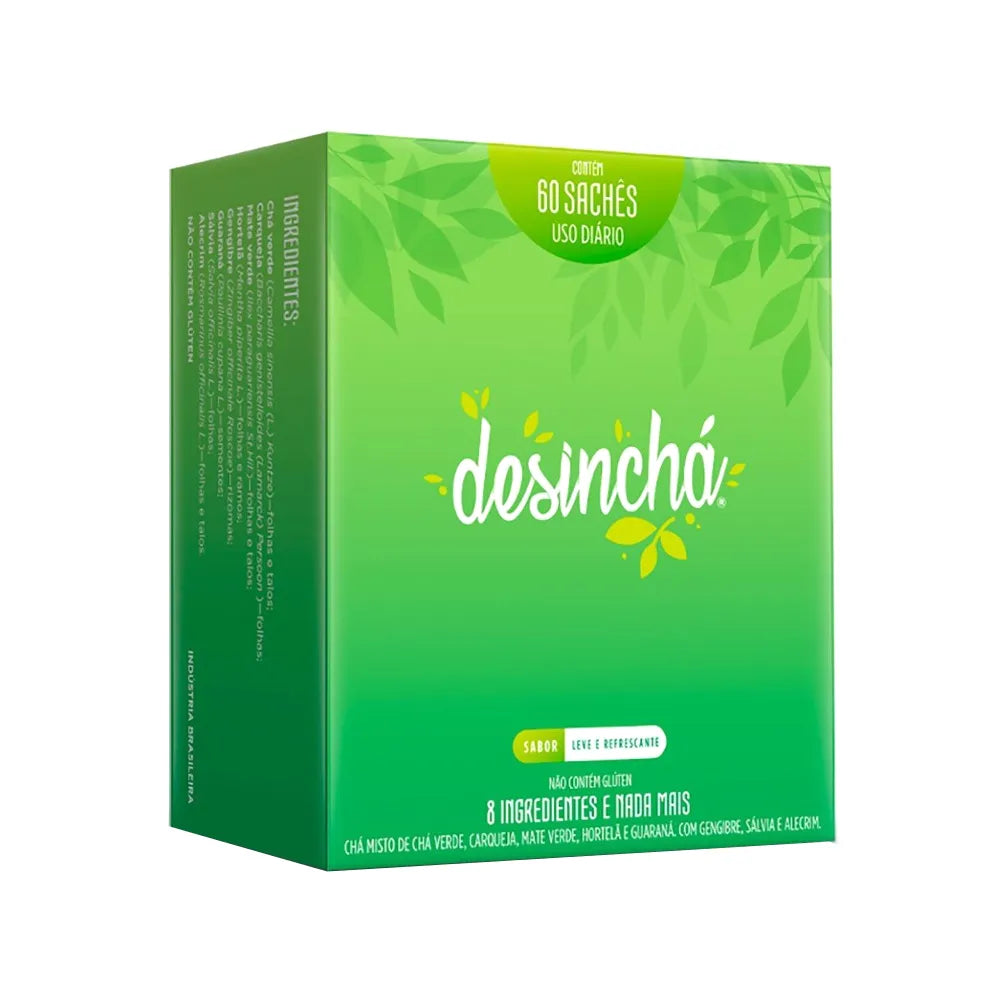 Desinchá Leve e Refrescante - Display 60 Envelopes. Chá verde, Carqueja, Mate verde, Hortelã e Guaraná com Gengibre, Sálvia e Alecrim.